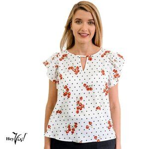 Cherries and Polka Dot Top Retro Style with Flutter Sleeves Size Small - Hey Viv